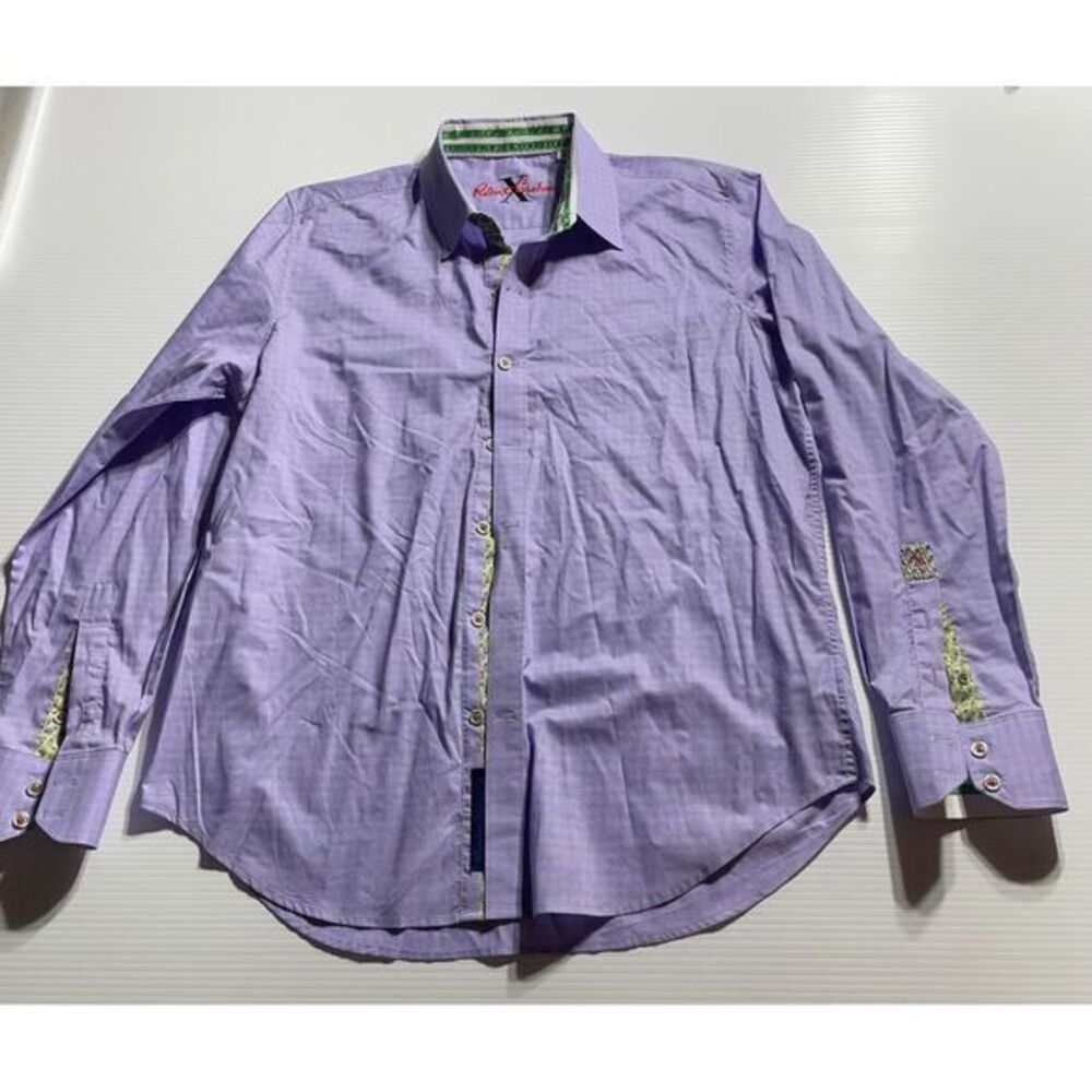 Robert Graham Purple Button Down Dress Shirt with Green Contrast Trim size L